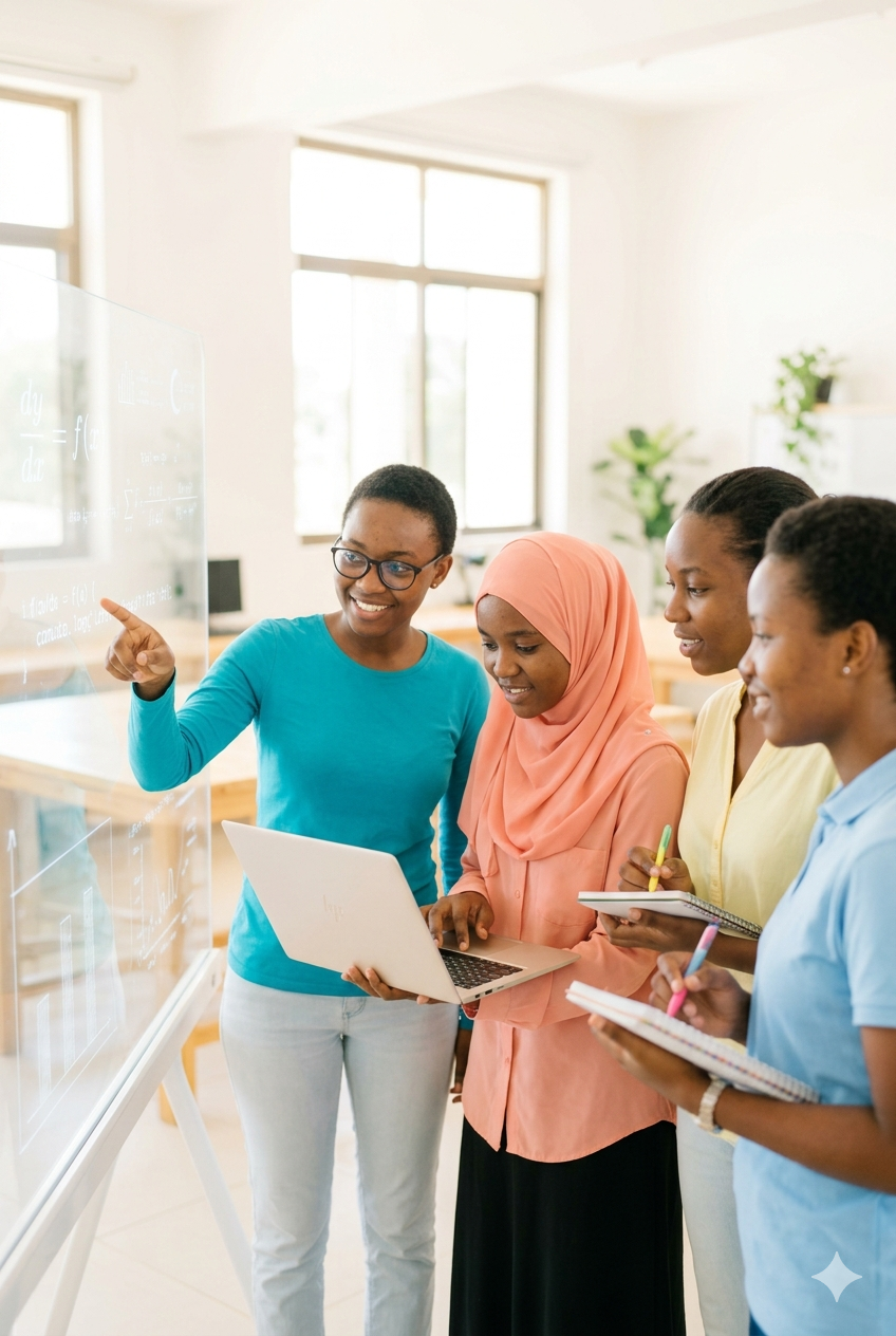 Young African women collaborating on a glass board solving math equations together